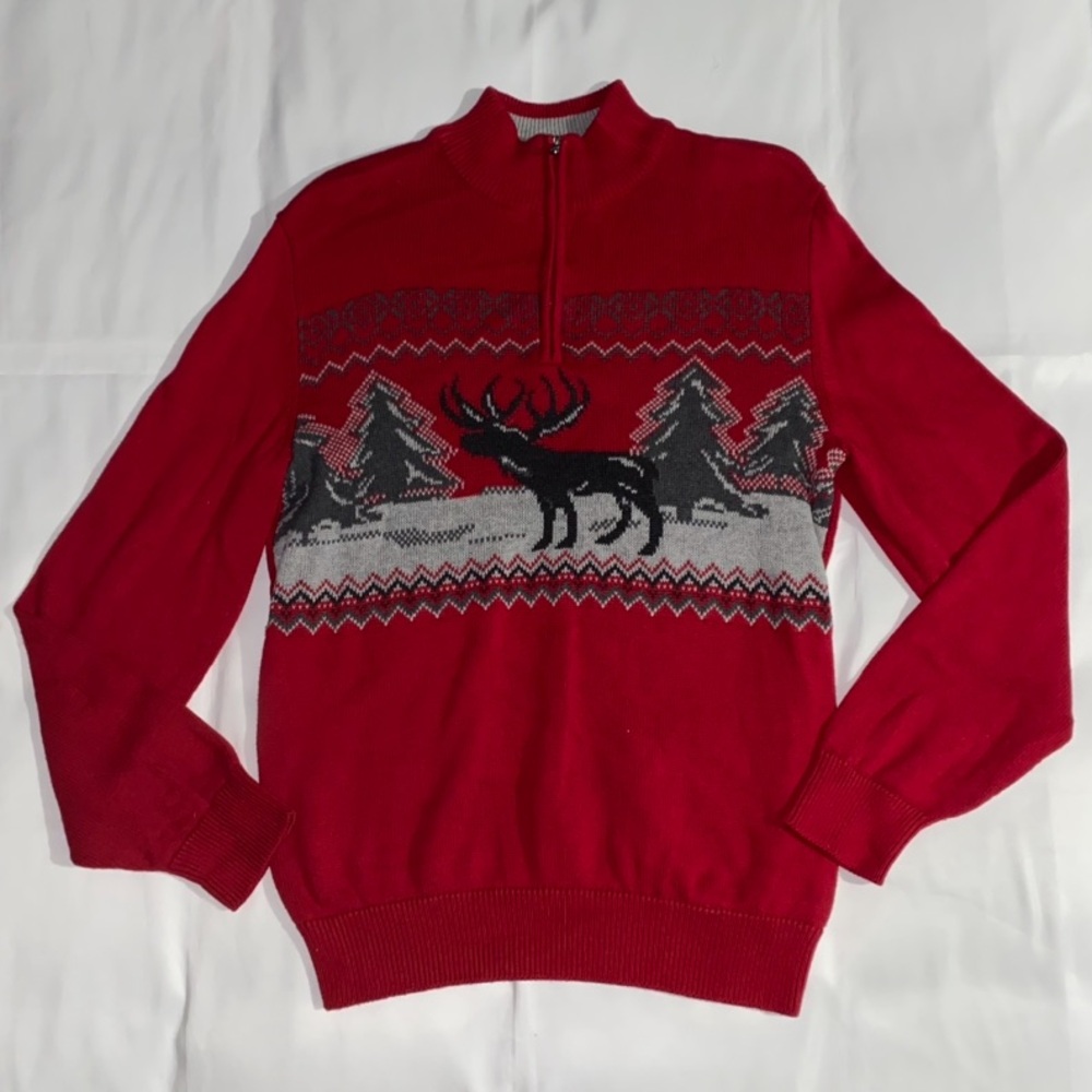 Chaps Reindeer Christmas Themed Red Mock Neck Quarter Zip Sweater
